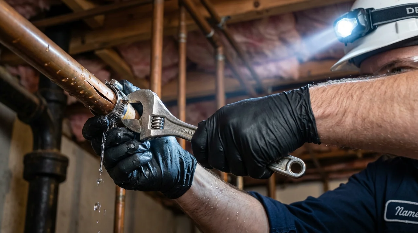 Emergency pipe clamp repair being performed by a Johns Plumbing LLC plumber in Wilson