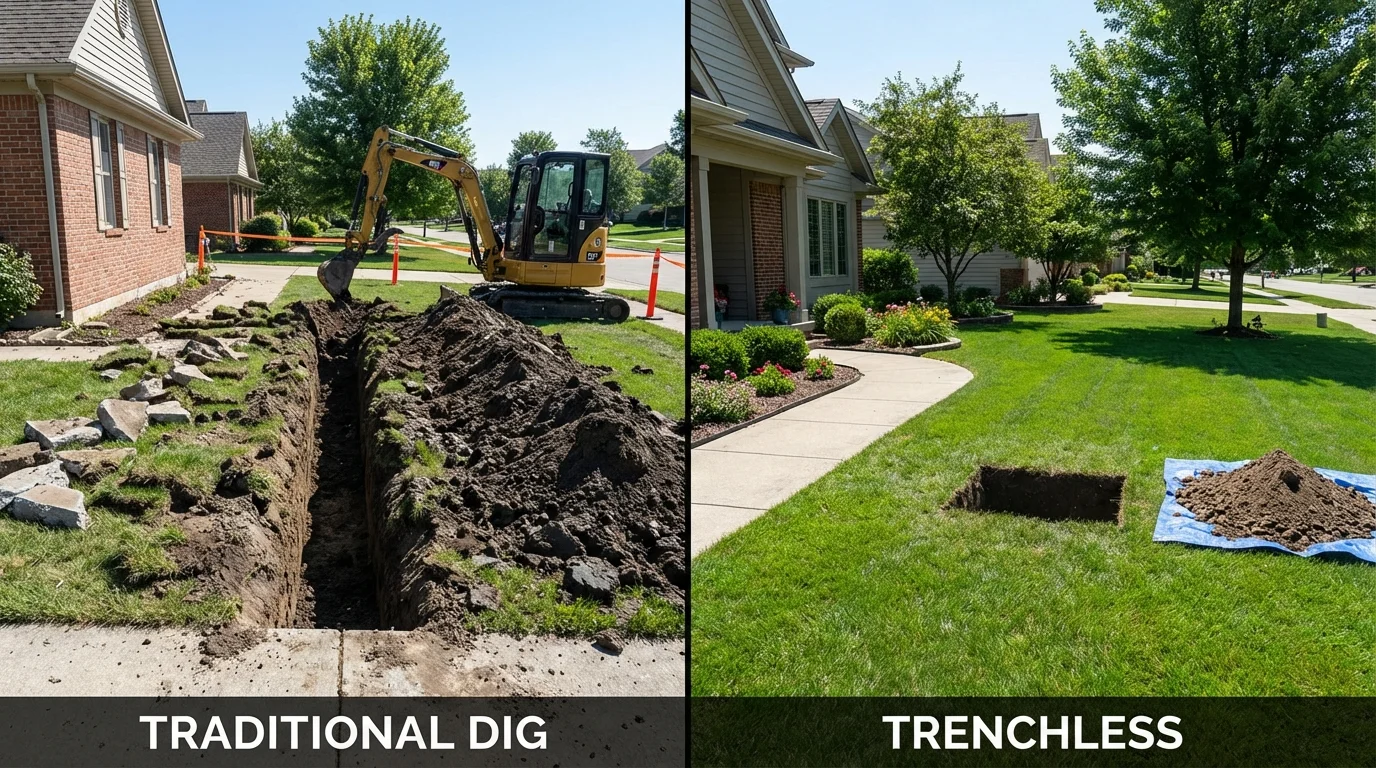 Trenchless sewer repair with minimal yard damage versus traditional excavation in Wilson, NY