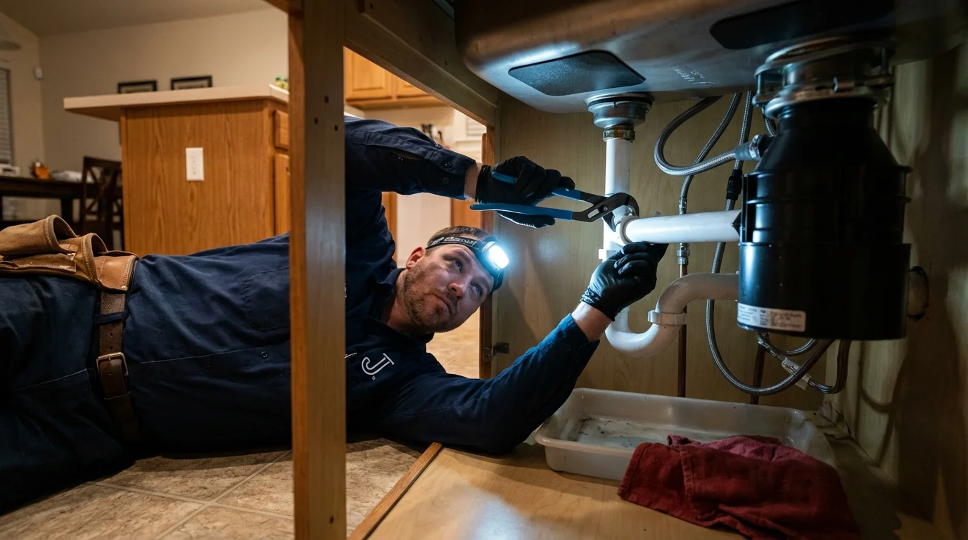 P-trap and supply line connections under a kitchen sink showing a common leak point in Wilson, NY